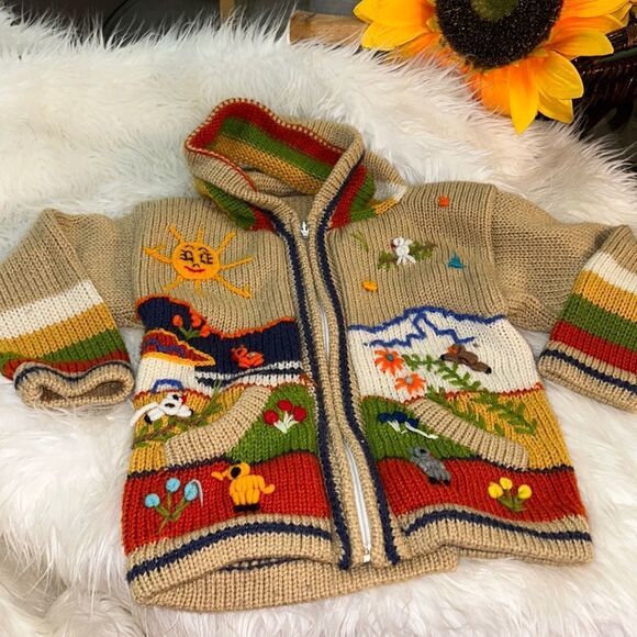 handmade wool ivory sweater animal theme HOODIE SWEATER KIDS - Picture 1 of 6